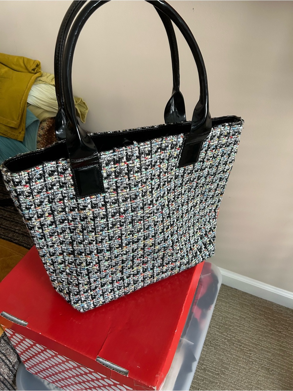 Black Multicolor Tweed Tote with Patent Handles NWOT